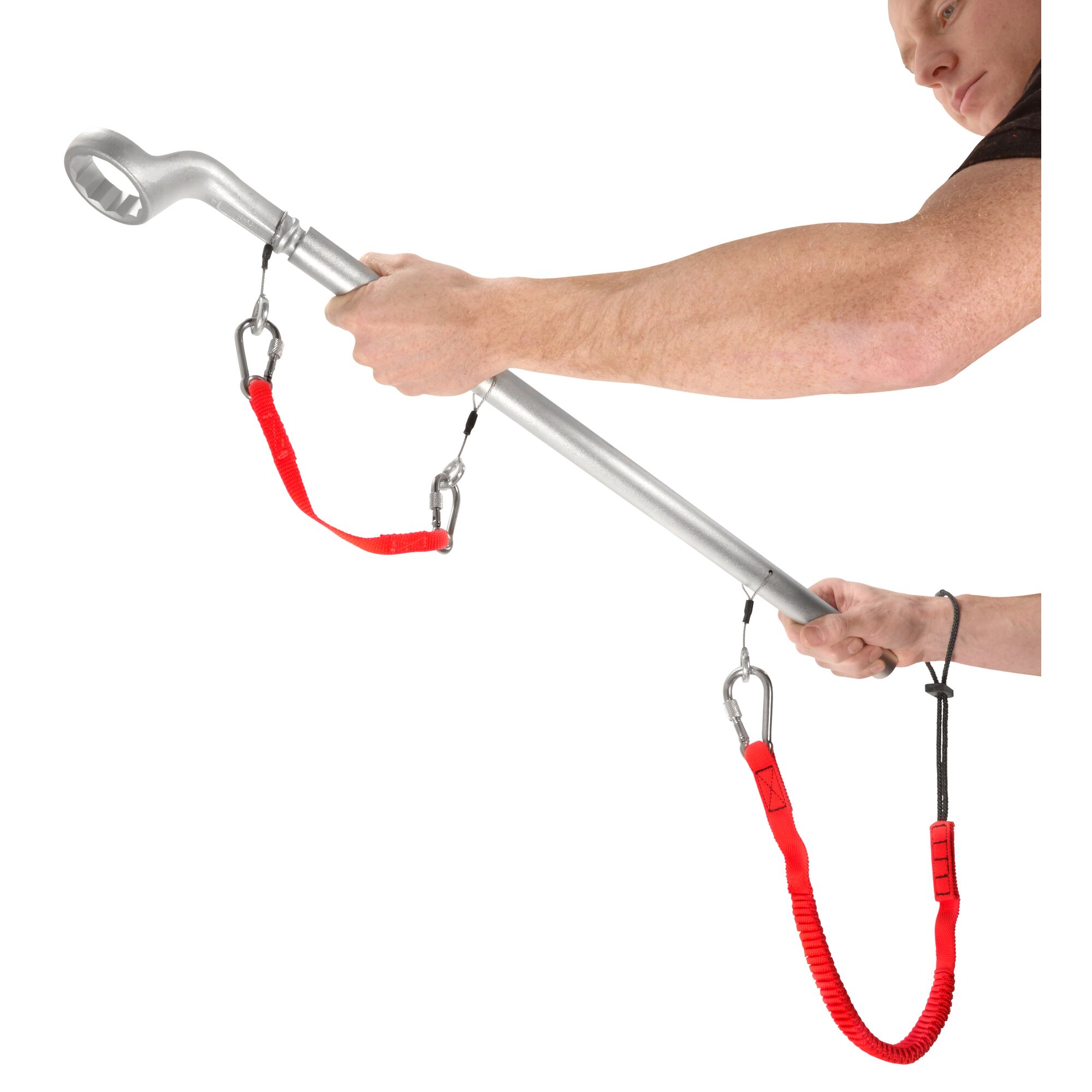 Facom 54M1BSLS torque wrench with red safety lanyards, held horizontally by two hands, studio angle.